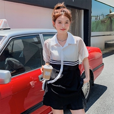 设计感轻薄撞色时尚防晒套装2025新款女夏宽松短袖衬衫短裤两件套，商品下架区，帛香坊