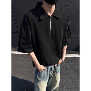 300克重磅双纱纯棉宽松纯色打底衫POLO衫拉链T恤男RH5039-特P35图片