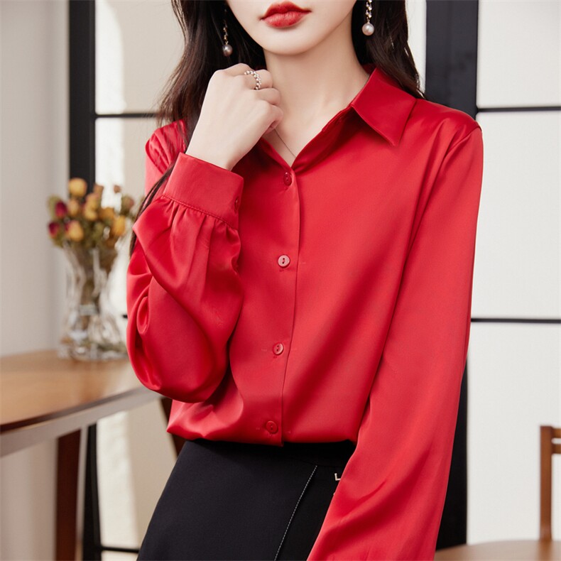白衬衫女真丝气质长袖冰丝女衬衣上衣夏季丝滑缎面宽松POLO领漂亮,女装衬衫,元素羊绒