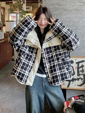 时尚黑白格子拼接连帽加厚短款羽绒服女2024冬新款学院风显瘦外套，女装羽绒服，橙子家