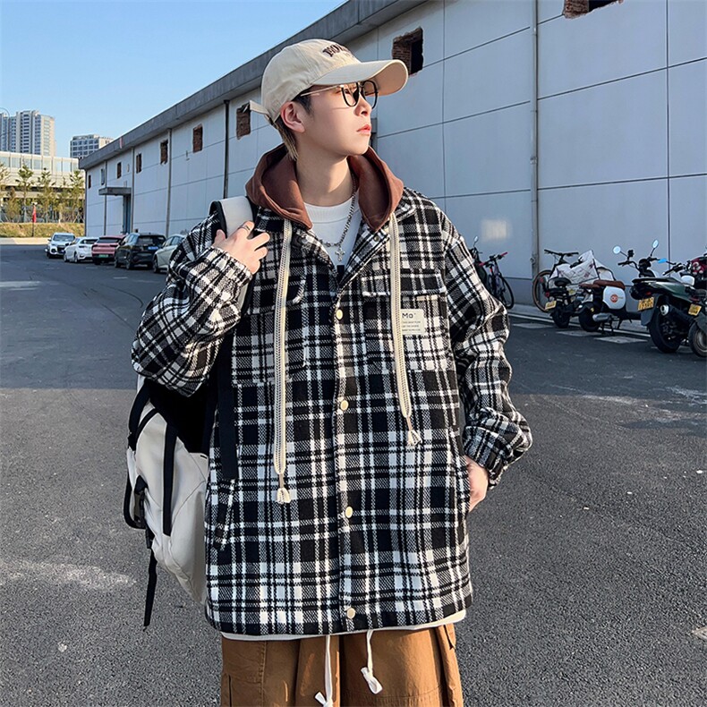 高品质秋冬男毛呢连帽夹克格子字母印花贴标休闲外套JK064P85,男装夹克,星座1013-1