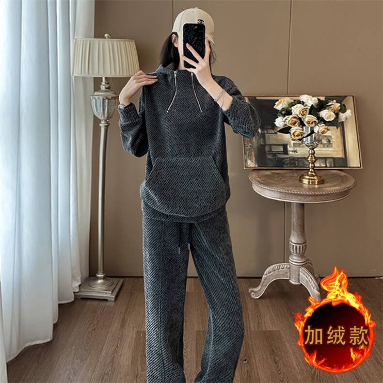 时尚黑灰色加绒加厚卫衣卫裤套装显瘦保暖休闲运动服,女装套装/套裙,江南