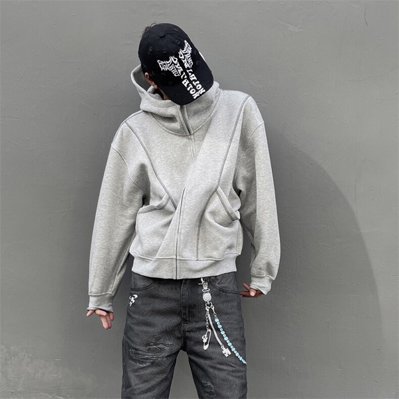 抖音得物高品质秋冬美式高街重磅结构辑明线纹理连帽卫衣外套W111,男装卫衣,电商A486