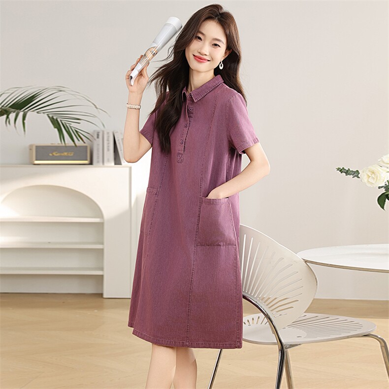 2024年夏季H版型砂洗彩色牛仔宽松翻领连衣裙,女装连衣裙,文熹诺