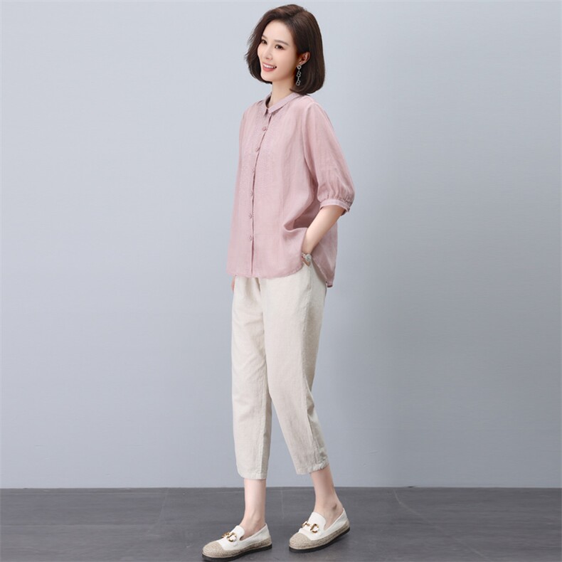 苎麻衬衫女短袖2024新款夏季中袖衬衣刺绣小衫小个子妈妈复古上衣,女装套装/套裙,希欧阁