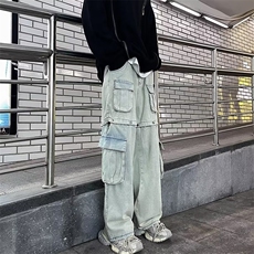 美式高街牛仔裤男韩版潮口袋个性2024冬季新款ins长裤Y2034-P65，男装牛仔裤，星座1109-3