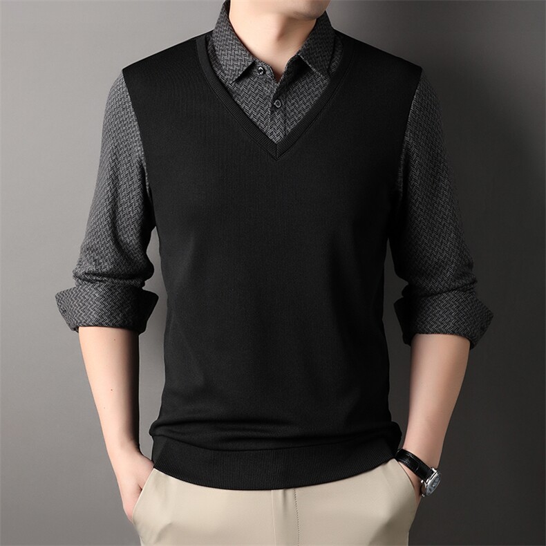 AG85724钱塘2020-3长袖修身型套头时尚男装假两件上衣P56，男装T恤，钱塘207-3