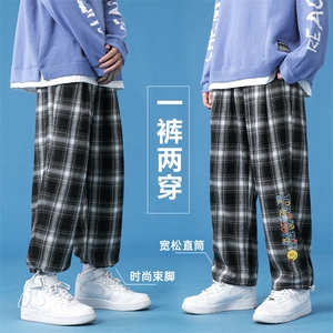 蓝底2024秋冬撞色格子宽松抽绳束脚运动休闲潮牌裤子2116-P45控69图片