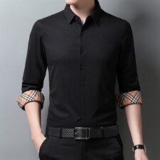 长袖衬衫男春秋季2023新款高端商务翻领薄款中年宽松免烫衬衣，男装衬衫，电商B212（原钱塘6029）