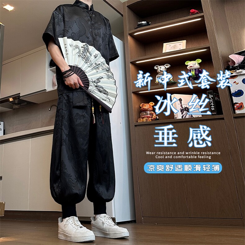 特批P77无差价夏季新中式唐装短袖衬衫束脚灯笼裤男CD2262+K1369图片