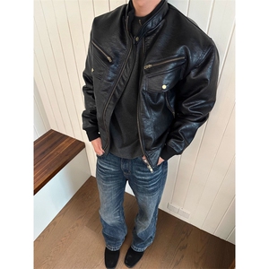 美式复古机车荔枝纹皮衣夹克男女外套小众PU皮飞行服LB10455-P95图片