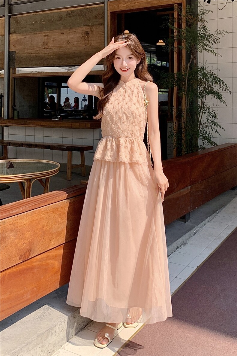 新中式粉色提花无袖上衣套装女2025夏新款高级感半身裙显瘦两件套,女装连衣裙,2C267