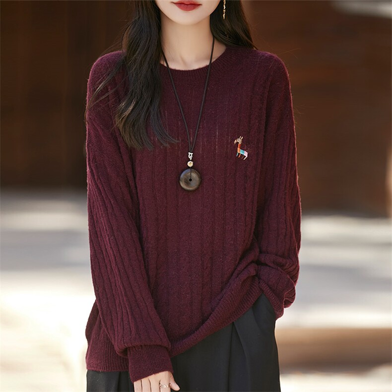 秋冬季羊毛休闲简约时尚百搭小马刺绣小麻花羊毛衫，女装羊毛衫，琳华羊绒