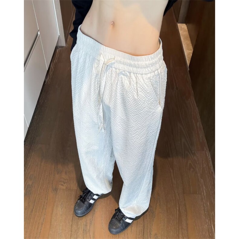 军绿色泡泡纱裤子男夏季薄款格纹冰丝速干运动裤垂感直筒微喇裤图片
