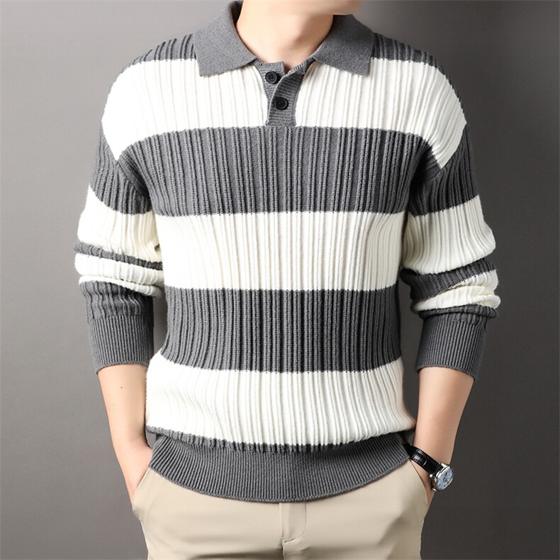 秋冬季新款潮流毛衣中年翻领线衣休闲条纹撞色保暖针织打底衫男装,男装T恤,电商B212（原钱塘6029）