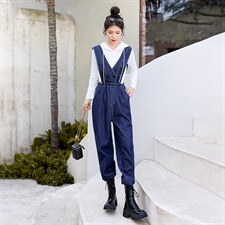 时尚显瘦牛仔背带连体裤女宽松高腰减龄休闲长裤百搭学生工装裤，女装连体裤，秋水欣儿