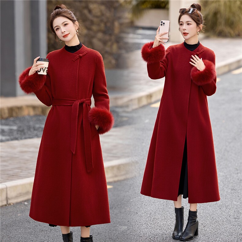 新中双面羊毛中长款大衣2025年新款女装狐狸毛可脱卸修身红色喜庆，女装毛呢外套，玖莱伊