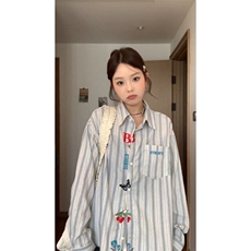 【有货】C3013CC-特P45刺绣长袖条纹衬衫男女款休闲情侣衬衣，男装衬衫，星座1007（原301D）