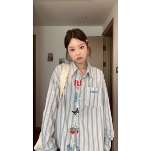【有货】C3013CC-特P45 刺绣长袖条纹衬衫男女款休闲情侣衬衣图片