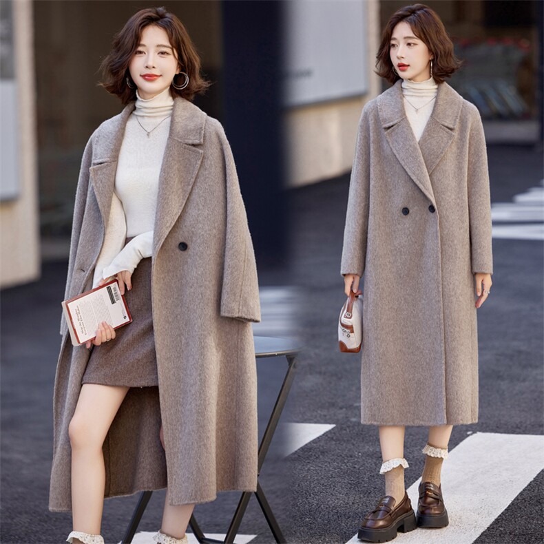双面羊毛大衣女2025年秋冬新款气质百搭中长款显瘦100%羊毛外套,女装双面呢大衣,小荷流