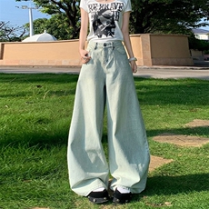 美式夏季薄款阔腿牛仔裤男女春宽松显瘦慵懒风拖地裤AM9022P74，男装牛仔裤，星座1013-5