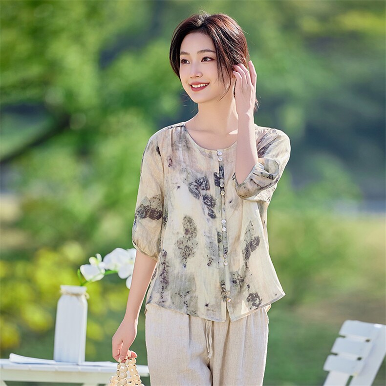 2026年春季文艺风短袖宽松亲肤透气薄苎麻文艺/优雅，女装衬衫，江南依恋