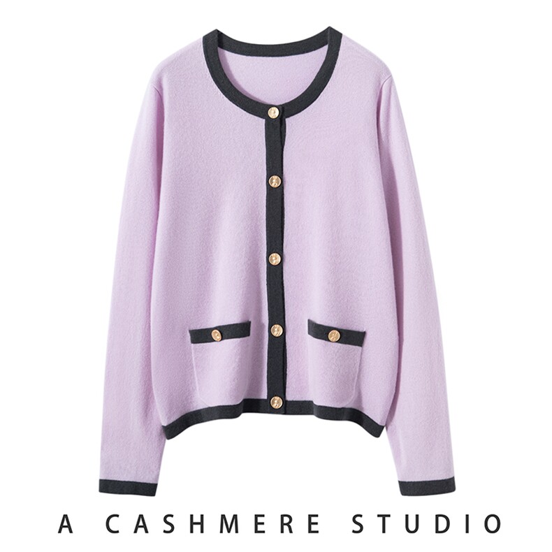 气质时尚潮流秋冬季新款百搭拼色显瘦小香风羊绒开衫，女装羊绒衫，启东羊绒