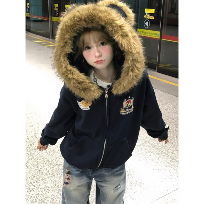 灰色连帽卫衣女2025秋冬美式复古小个子加绒加厚刺绣宽松拉链，男装卫衣，星座506A