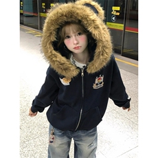 灰色连帽卫衣女2025秋冬美式复古小个子加绒加厚刺绣宽松拉链，男装卫衣，星座506A