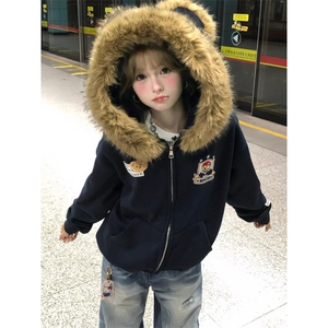 灰色连帽卫衣女2025秋冬美式复古小个子加绒加厚刺绣宽松拉链,男装卫衣,星座506A