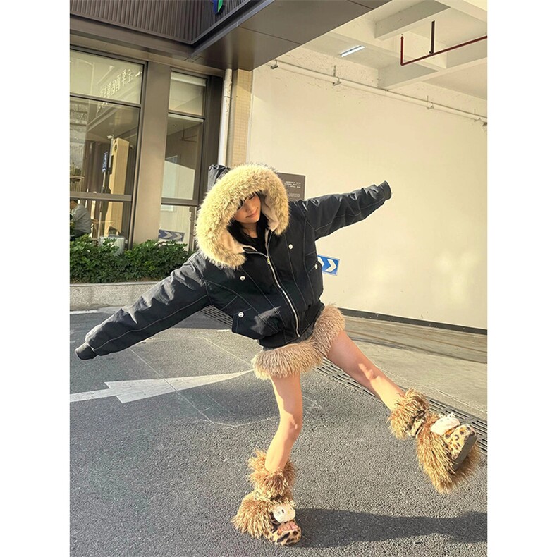 现货重磅boxy短款棉衣座山雕大毛毛领男女棉服水洗工装厚外套,男装棉衣,电商A486