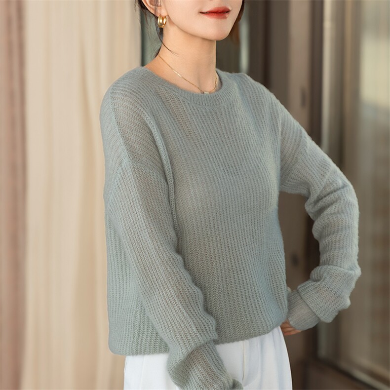 2025春秋新款桑蚕丝羊绒女简约显瘦保暖上衣纯色圆领休闲针织套衫,女装羊绒衫,咔绒特