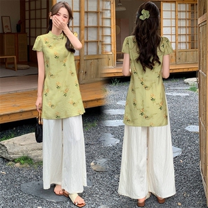 新中式g风套装女2026夏季流行复古印花盘扣旗袍上衣阔腿裤两件套图片