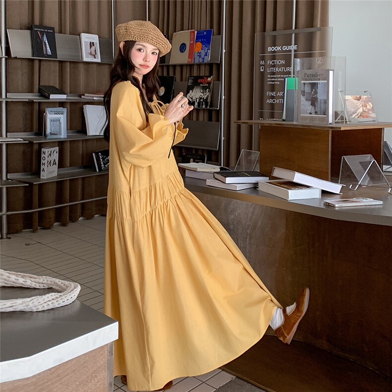 黄色法式度假风灯笼袖连衣裙女2026春新款超好看宽松减龄过膝长裙,女装连衣裙,2C177