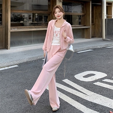 粉色慵懒风连帽休闲卫衣套装女春季2025年新款减龄阔腿长裤两件套，女装套装/套裙，蝶眷