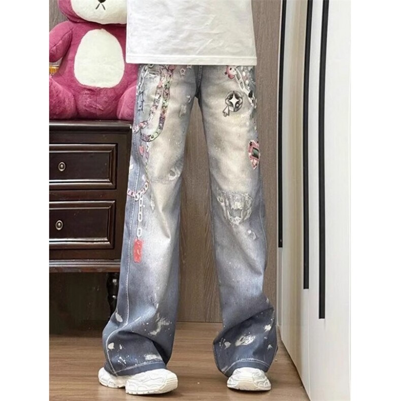 卡通链条印花牛仔裤男女新款痞帅炸街裤子宽松直筒休闲裤NG201，男装牛仔裤，星座1116A（原606A-3）