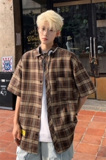 港风大码美式复古贴标格子翻领短袖衬衫男XZ213-CS8806-P45控58，男装衬衫，星座213