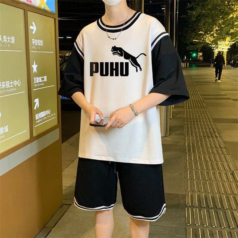 夏季短袖T恤套装青少年纯棉吸汗休闲两件套潮流男装TZ393P60控89,男装休闲套装,电商A086