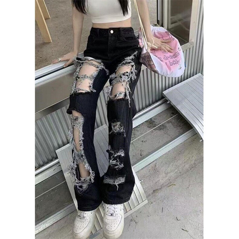 高街破洞牛仔裤女夏季高腰直筒宽松显瘦流苏阔腿拖地裤NK328,男装牛仔裤,星座1116A（原606A-3）