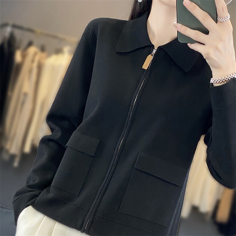 2025春季新款精仿羊毛针织开衫女POLO领外套纯色百搭上衣拉链外套,女装羊毛衫,优麦羊绒（原洪叶羊绒）