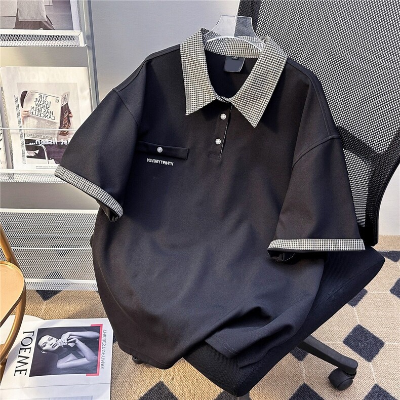 Q380-P38新款美式学院风格纹拼接短袖polo衫T恤男女上衣,男装Polo衫,星座911-1