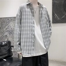港风秋季小清新外穿长袖衬衫男百搭休闲格子衬衣外套CS22/P45，男装衬衫，电商D202-1