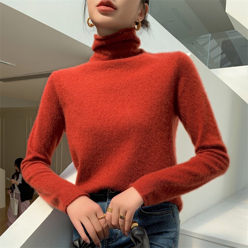 2024新款一线成衣卷边高领打底衫女秋季宽松显瘦堆堆领毛衣针织衫，女装羊绒衫，纳丰羊绒