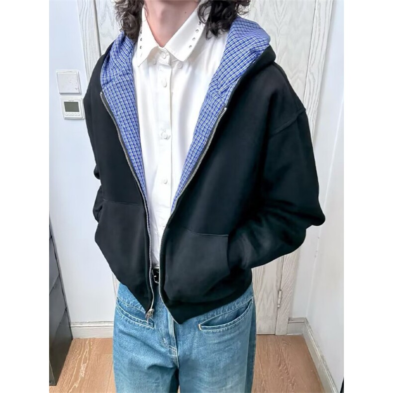 撞色拼接格子假两件夹克外套男女秋季翻领情侣开衫上衣,男装夹克,星座506A
