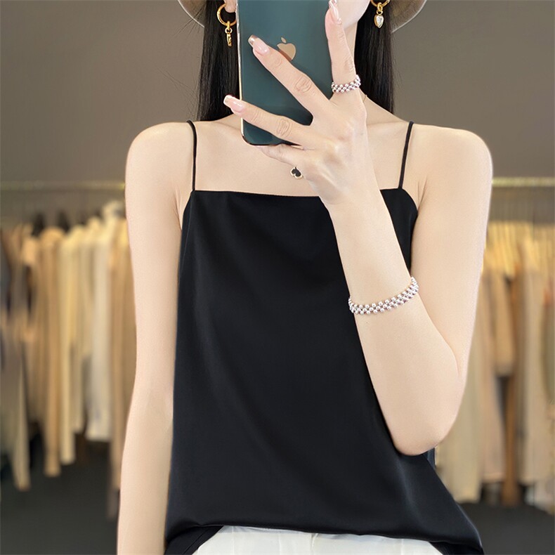 夏季新款醋酸真丝绸面一字领吊带女宽松百搭无袖背心纯色套头上衣,女装背心吊带,朝贺羊绒