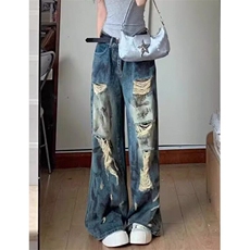 复古牛仔裤女新款破洞夏季款设计感小众宽松显瘦阔腿裤子NA424，男装牛仔裤，星座1116A（原606A-3）