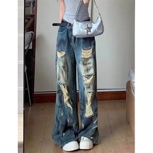 复古牛仔裤女新款破洞夏季款设计感小众宽松显瘦阔腿裤子 NA424图片