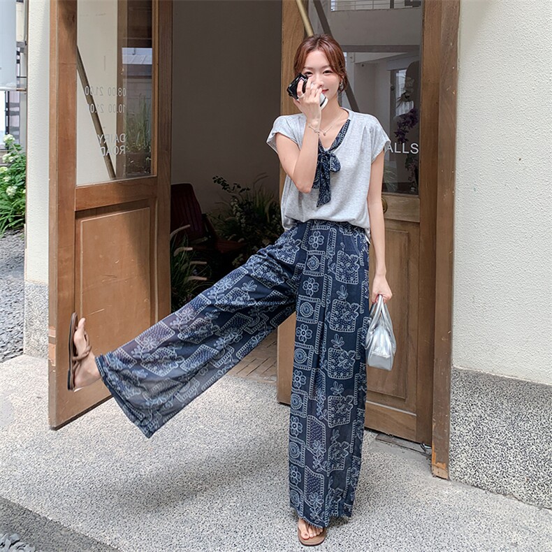 碎花拼接灰色T恤阔腿裤套装女夏2025新款巨好看流行两件套超火,女装套装/套裙,2C260