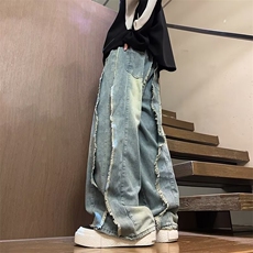 水洗拉链秋季美式复古洗水做旧须边设计感牛仔裤潮春季NZ32，男装牛仔裤，星座1116A-1（原606A）
