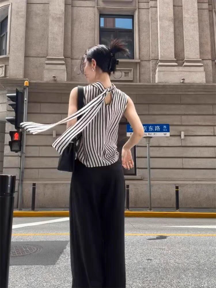 雪纺条纹无袖衫带衫,女装T恤,米咔羊绒